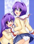  :d blue_eyes blush clannad cross_(crossryou) fujibayashi_kyou fujibayashi_ryou hikarizaka_private_high_school_uniform long_hair multiple_girls open_mouth panties purple_eyes purple_hair school_uniform short_hair siblings sisters skirt skirt_lift smile twins underwear 