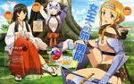  absurdres armor black_hair blonde_hair blue_eyes braid breasts cleavage food headband highres horns huge_breasts ishibashi_yukiko japanese_clothes leina long_hair miko multiple_girls official_art purple_eyes queen's_blade scan shizuka_(queen's_blade) sideboob silver_hair sitting smile tomoe twin_braids 