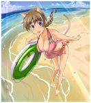  :p ahoge animal_ears bad_id bad_pixiv_id barefoot beach bikini blue_eyes blush braid breasts brown_hair cat_ears cat_tail cleavage day feet front-tie_top innertube large_breasts leaning_forward legs light_rays lynette_bishop navel ocean outdoors pink_sarong sarong sashisu single_braid solo strike_witches sunbeam sunlight swimsuit tail toes tongue tongue_out wading water world_witches_series 