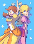  2girls arm_up back-to-back bangs blonde_hair blue_background blue_eyes breasts brown_hair crown dress earrings elbow_gloves fist flower_earrings friends gem gloves grin hand_up heart jewelry long_hair mario_(series) multiple_girls nintendo open_mouth pink_dress pose princess_daisy princess_peach short_hair smile super_mario_bros. super_mario_land super_smash_bros. tomboy white_gloves yellow_dress 
