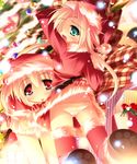  aqua_eyes christmas hair_ornament highres inuneko long_hair multiple_girls one_eye_closed panties red red_eyes ribbon santa_costume short_hair skirt striped striped_panties thighhighs tongue underwear yuri 