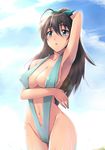  ahoge aqua_eyes areola_slip areolae armpits bad_id bad_pixiv_id bikini blush breasts brown_hair cleavage cloud covered_nipples day ganaha_hibiki highres idolmaster idolmaster_(classic) large_breasts long_hair sky slingshot_swimsuit solo swimsuit wet yuki_usagi_(mofurafu) 