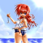  ahoge ass blue_eyes blush gao_(naodayo) graf_eisen long_hair lyrical_nanoha mahou_shoujo_lyrical_nanoha mahou_shoujo_lyrical_nanoha_a's mahou_shoujo_lyrical_nanoha_strikers red_hair solo swimsuit undressing vest vita 