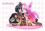  2girls alternate_color animal_ears bare_legs black_hair blue_eyes breasts bunny_ears chibi ebi_no_hito long_hair medium_breasts melona menace multiple_girls one_eye_closed pink_hair queen's_blade sandals setra short_hair underboob 