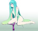  aqua_eyes aqua_hair aqua_nails arm_support arm_tattoo bad_id bad_pixiv_id barefoot between_legs feet full_body gradient_hair green_eyes green_hair hair_between_eyes hair_down hair_ornament_removed hair_over_breasts hand_between_legs hatsune_miku legs long_hair looking_at_viewer multicolored_hair nail_polish nude number parted_lips pink_lips sitting solo tattoo tobibatta toenail_polish very_long_hair vocaloid wariza 