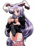  animal_ears bad_id bad_pixiv_id blazer breasts bunny_ears jacket long_hair medium_breasts mekabu nipples one-piece_swimsuit purple_hair red_eyes reisen_udongein_inaba skirt solo swimsuit swimsuit_under_clothes thighhighs touhou undersized_clothes very_long_hair 