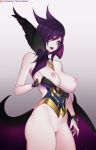  1girl artist_name black_lipstick black_wings bottomless breasts corset eyes_visible_through_hair feathered_wings gradient gradient_background hair_over_shoulder highres large_breasts league_of_legends lipstick long_hair looking_at_viewer low_wings makeup morgana nail_polish nipples parted_lips purple_hair purple_nails pussy smile solo tofuubear undressing wings 