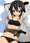  :o armpits arms_up asagiri_asagi bad_id bad_pixiv_id belt bikini bikini_under_clothes black_bikini black_hair coat flat_chest grey_eyes gun hair_ornament hairclip handgun kochiya_(gothope) loose_belt navel nippon_ichi pistol ribbon solo swimsuit swimsuit_under_clothes weapon 