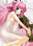  2009 animal_ears ass barefoot blush calendar_(medium) chemise green_eyes gun highres lingerie long_hair long_legs makishima_azusa muvluv muvluv_alternative negligee pink_hair ponytail rifle see-through september solo strap_slip tamase_miki underwear weapon 