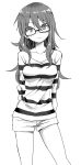  1girl absurdres arms_behind_back glasses greyscale highres long_hair monochrome original rectangular_eyewear shirt short_shorts shorts solo striped striped_shirt white_background yamamoto_souichirou 