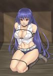  arms_behind_back bdsm belt blue_hair bondage boots bound bound_legs breast_bondage breasts cleavage cleave_gag cloth_gag covered_nipples denim denim_shorts gag gagged hinanawi_tenshi hip_bones houtengeki improvised_gag kneeling large_breasts long_hair navel older red_eyes shorts solo touhou 