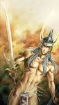  butz_klauser can censored dissidia_final_fantasy final_fantasy final_fantasy_i highres horns lens_flare long_hair male_focus manly muscle novelty_censor nude sexually_suggestive silver_hair solo ujuju warrior_of_light 