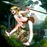  anklet barefoot benimura_karu bird day dirty_feet elf feet forest jewelry jungle loincloth long_hair nature original outdoors pointy_ears polearm pyramid ribs ruins solo spear topless tree tribal weapon 