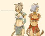  animal_ears arms_behind_back blue_eyes breasts brown_hair cleavage collarbone commentary final_fantasy final_fantasy_xi final_fantasy_xiv grey_hair medium_breasts midriff miqo'te mithra multiple_girls nanashiri navel ponytail purple_eyes see-through short_hair tail 