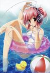  absurdres afloat ball barefoot beachball blush brown_eyes digital_media_player feet finger_to_mouth hair_ribbon headphones highres innertube ipod katase_naru legs minna_no_uta_~everyone's_song~ music musical_note one-piece_swimsuit partially_submerged pink_hair pool product_placement ribbon rubber_duck sakaki_maki school_swimsuit see-through short_hair short_twintails solo sunlight swimsuit twintails water white_swimsuit 