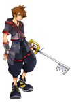  1boy belt blue_eyes brown_hair clothes gloves jewelry keyblade kimbolie_12 kingdom_hearts kingdom_hearts_iii looking_at_viewer male_focus necklace pants shirt shoes short_hair simple_background smile solo sora_(kingdom_hearts) standing 
