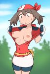  1girl bag bandanna blue_eyes breasts brown_hair creatures_(company) eyebrows game_freak haruka_(pokemon) highres iegami long_hair nintendo open_mouth outside pokemon pokemon_(game) pokemon_rse shirt solo spats standing surprised sweat 