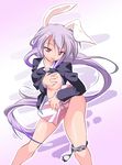  animal_ears black_panties blazer breast_grab breasts bunny_ears grabbing hachi_(chihagura) highres jacket long_hair medium_breasts panties panties_around_one_leg purple_hair red_eyes reisen_udongein_inaba skirt solo touhou underwear undressing 