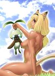  animal_ears arm_support back bad_id bad_pixiv_id barefoot blonde_hair blue_eyes breasts cat_ears commentary feet final_fantasy final_fantasy_xi headband mandragora_(final_fantasy) medium_breasts mithra mithra_(artist) nude ponytail sitting solo tail translated 