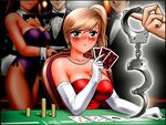  3boys animal_ears blue_eyes blush bow bowtie breasts bunny_ears bunny_tail bunnysuit card casino commentary_request cuffs dress earrings elbow_gloves evening_gown gloves handcuffs jewelry large_breasts multiple_boys multiple_girls necklace nervous original pearl_necklace playing_card poker_chip poker_table ponytail red_dress shingyouji_tatsuya sitting solo_focus sweat tail tuxedo 