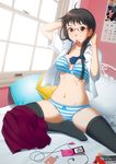 bed black_hair bra brown_eyes cellphone glasses ito_hajime lingerie mouth_hold open_clothes open_shirt original panties phone shirt solo striped striped_panties thighhighs underwear 