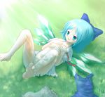  arinu barefoot bloomers blue_eyes blue_hair blush bottomless bow breasts cirno commentary_request feet grass hair_bow ice lying nipples open_clothes open_shirt shirt short_hair small_breasts solo touhou underwear wings 