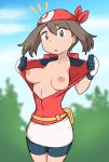  1girl bag bandanna blue_eyes breasts brown_hair creatures_(company) eyebrows game_freak haruka_(pokemon) highres iegami long_hair nintendo open_mouth outside pokemon pokemon_(game) pokemon_rse shirt solo spats standing 