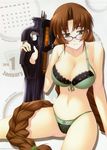  2010 bow bow_panties bra braid breasts brown_hair bullpup calendar_(medium) cleavage front-tie_top glasses green_bra green_eyes green_panties gun highres january lace lace_panties large_breasts legs lingerie long_hair makishima_azusa muvluv muvluv_alternative navel p90 panties sakaki_chizuru sitting solo submachine_gun thighs twin_braids underwear underwear_only very_long_hair weapon 