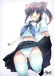  bad_id bad_pixiv_id brown_eyes brown_hair cameltoe from_below hair_ribbon lift love_plus midriff noto_kurumi panties ponytail ribbon school_uniform serafuku skirt solo takane_manaka thighhighs underwear 