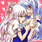  bad_id bad_pixiv_id blue_hair blush bow breast_licking fujiwara_no_mokou hair_bow hair_ribbon hat kamishirasawa_keine licking long_hair multiple_girls oppai_ice red_eyes ribbon shinoasa silver_hair suspenders touhou yuri 