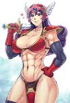  abs armor bikini_armor blue_eyes breasts choker cleavage dragon_quest dragon_quest_iii elbow_gloves gloves heart helmet large_breasts muscle muscular_female purple_hair red_armor redrop shoulder_pads smile soldier_(dq3) solo sword weapon 