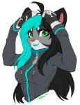  anthro blue_hair clothed clothing domestic_cat felid feline felis female green_eyes hair mammal pollo-chan solo 