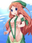  bad_id bad_pixiv_id blue_eyes breasts cameltoe cleavage hat highres hong_meiling kareha_aki large_breasts long_hair midriff navel red_hair slingshot_swimsuit solo swimsuit touhou 