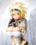  armor bad_id bad_pixiv_id barioth_(armor) blonde_hair breasts cleavage earrings jewelry large_breasts monster_hunter navel solo spikes yuzuriha_(active_homing) 