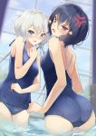  2girls absurdres anger_vein ass bangs bare_arms bare_shoulders black_hair blue_eyes blue_sky blue_swimsuit blurry blurry_background blush breasts commentary_request cowboy_shot day eyebrows_visible_through_hair from_behind grey_ribbon hair_between_eyes hair_ribbon hand_up head_tilt highres igakusei indoors konno_junko long_hair looking_at_viewer looking_back low_twintails medium_breasts mizuno_ai multiple_girls nose_blush one-piece_swimsuit open_mouth parted_lips red_eyes ribbon short_hair silver_hair sky standing swimsuit thighs twintails v-shaped_eyebrows wading water water_drop window zombie_land_saga 