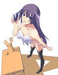  bakemonogatari blue_eyes bra date_(senpen) legs lingerie long_hair monogatari_(series) panties purple_hair senjougahara_hitagi solo standing stapler stationery thighhighs underwear underwear_only 