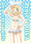  ;d arihara_ema bikini hand_on_hip kagamine_rin navel one_eye_closed open_mouth polka_dot polka_dot_bikini polka_dot_swimsuit project_diva project_diva_(series) smile solo swimsuit swimwear_(module) vocaloid 