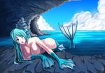  1girl aqua_hair blue_eyes breasts butt_crack cave cleavage cloud darkmaya female fins flippers large_breasts long_hair mermaid monster_girl ocean open_mouth outdoors seashell shell sky solo topless water wet wink 