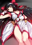  armpits black_eyes black_hair blush bow fingerless_gloves flat_chest gloves hair_bow hairband highres kawata_hisashi long_hair lying nakoruru nipple_slip nipples obi red_bow ribbon samurai_spirits sash solo 