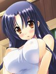  blue_hair blush breasts copyright_request covered_nipples covering impossible_towel large_breasts long_hair nude_cover orange_eyes shinozuka_atsuto sideboob solo towel wet 