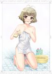  akizuki_ryou antenna_hair bad_id bad_pixiv_id barefoot bath blush brown_eyes brown_hair highres idolmaster idolmaster_dearly_stars male_focus naked_towel nervous nude otoko_no_ko sample short_hair smile soap solo sponge totokichi towel water 