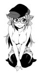  :p animal_ears areolae bad_id bad_pixiv_id breast_squeeze breasts cleavage dice earrings glasses greyscale hat highres jewelry kneeling kusanagi_tonbo large_breasts long_hair monochrome navel nipples original shorts solo thighhighs tongue tongue_out topless 