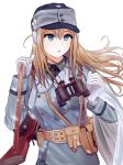  1girl binoculars blonde_hair blue_eyes earmuffs girls_frontline gloves gun hat highres load_bearing_equipment long_hair military military_hat military_uniform solo submachine_gun suomi_kp/-31 suomi_kp31_(girls_frontline) testame uniform weapon white_background 