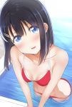  1girl apollo_(hu_maple) bangs bikini black_hair blue_eyes blush breasts collarbone highres image_sample light_smile looking_at_viewer medium_breasts original outdoors pool poolside red_bikini smile solo swimsuit swimwear twitter_sample water_drop 