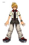  1boy blonde_hair blue_eyes clothes kingdom_hearts kingdom_hearts_ii looking_at_viewer male_focus pants roxas shirt shoes short_hair simple_background solo spiky_hair standing 