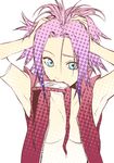  absurdres armpits arms_up blue_eyes breasts cleavage forehead_protector haruno_sakura headband highres medium_breasts naruto naruto_(series) open_clothes open_shirt pink_hair sagatsune shirt solo vest 