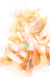  1girl absurdres blonde_hair brother_and_sister closed_eyes detached_sleeves hair_ornament hair_ribbon hairclip headphones highres kagamine_len kagamine_rin midriff necktie ribbon sailor_collar shimeko short_hair shorts siblings sitting smile twins vocaloid 