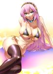  arm_support bikini blue_eyes breasts front-tie_top huge_breasts jewelry long_hair lying megurine_luka naughty_face necklace on_side pink_hair shiny side-tie_bikini skindentation solo swimsuit thighhighs ueyama_michirou vocaloid 