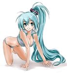  :d all_fours alternate_hairstyle aqua_eyes aqua_hair barefoot bikini_bottom breasts cleavage full_body hatsune_miku large_breasts long_hair maruyama open_mouth ponytail side_ponytail smile solo very_long_hair vocaloid white_background 