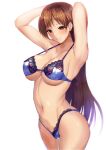  1girl armpits arms_behind_head bangs blue_bra blue_panties blush bra breasts brown_eyes brown_hair cleavage collarbone cowboy_shot groin highleg highleg_panties highres idolmaster idolmaster_cinderella_girls lace lace-trimmed_bra lace-trimmed_panties large_breasts light_particles lingerie long_hair navel nitta_minami panties parted_lips satou_daiji sidelocks simple_background smile solo stomach tareme underwear white_background 